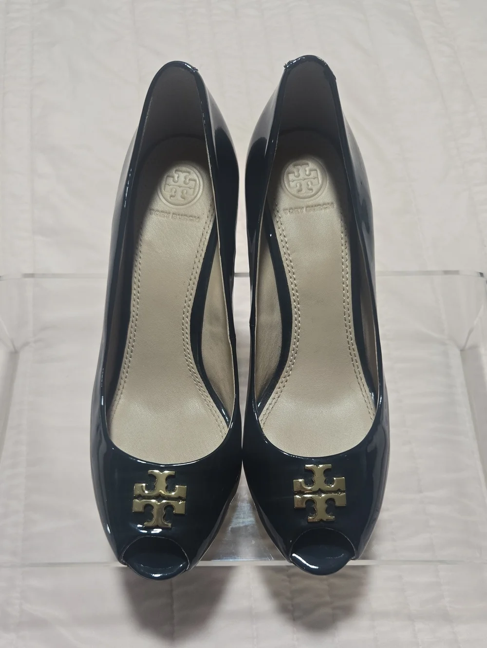 Tory Burch Navy Patent Peep-Toe Wedge with Gold Logo Accent